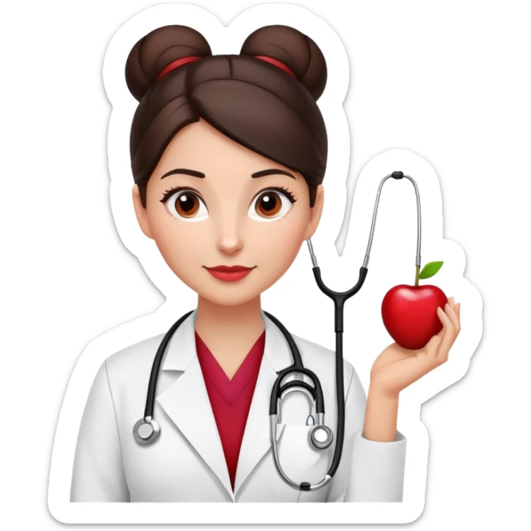 Dark brown haired woman veterinarian with a sleek bun and a cherry red Littmann stethoscope  sticker