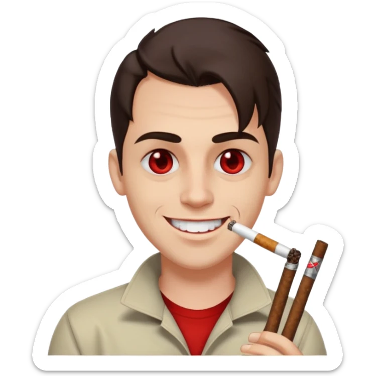 A white man with dark brown hair in a ponytail, oversized bloodshot eyes, grinning, smoking a long spliff  sticker