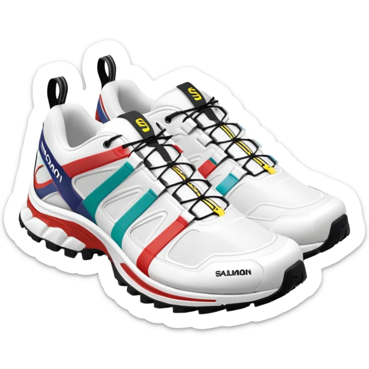 Clean white Salomon XT-6 sneakers with prominent colored Salomon logo stripe in the middle, one behind the other, iOS emoji style, white design with only the middle brand stripe in color sticker