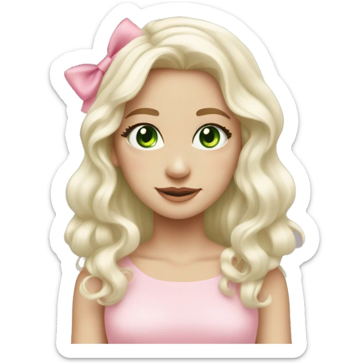pale blonde girl with long platinum white wavy hair with bright green eyes and wearing a light pink hair bow  sticker