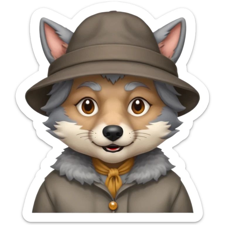 The big bad wolf is wearing Grandma's clothes and a hat, yet its face still looks like a wolf's. sticker