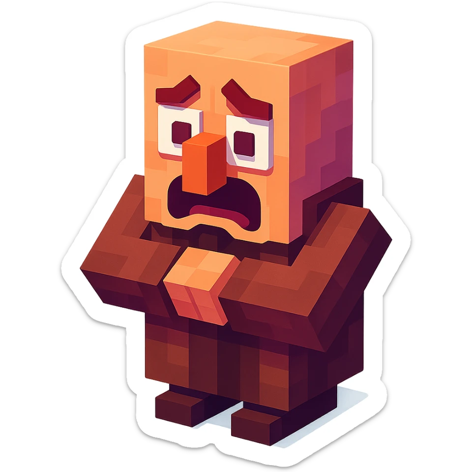Minecraft villager, 3D blocky voxel style, brown robe, large nose, facing forward, sad and scared expression, horror style sticker