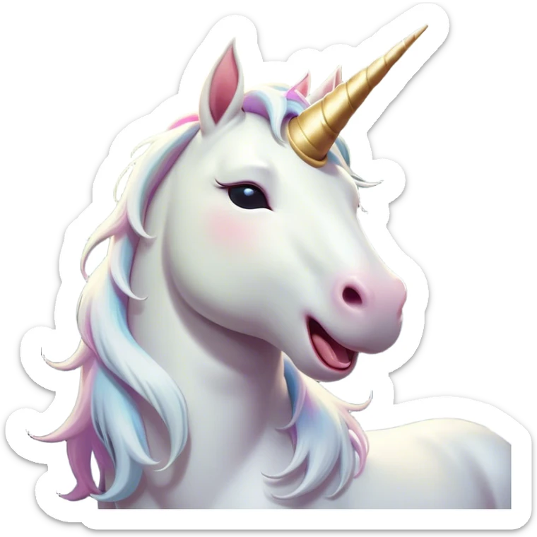 Cinematic Cute Yawning White Unicorn Portrait Emoji, Head tilted slightly with a dramatic, wide-open yawn, showcasing a softly elegant form with a gently cascading mane, a subtly glowing horn and sleepy, half-closed eyes, Simplified yet irresistibly adorable features, highly detailed, glowing with a soft, cozy magical glow, high shine, relaxed yet expressive, stylized with a dash of whimsical enchantment, soft glowing outline, capturing the essence of a drowsy yet affectionate white unicorn that appears ready to stretch and yawn its way out of the screen! sticker