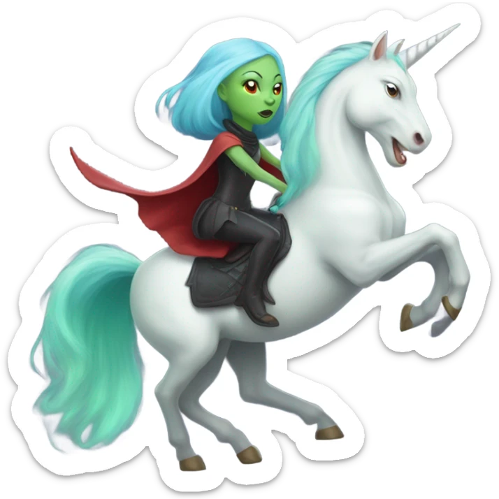 [politically incorrect, (
	{ female, alien, witch, color: light green, hair:red, eyes:cat} ]
	on a 
	[{ unicorn: white, legged:four, mane: light blue }]) sticker