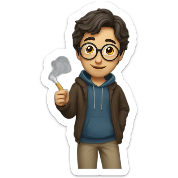 a guy who looks like harry potter wearing a hoodie, smoking a pipe, and giving a thumbs-up sticker