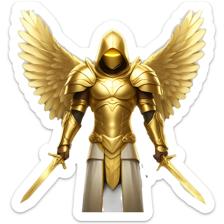 golden archangel, in full growth, with golden wings, rays of light coming from his face, golden armor, golden swords, in a golden hood sticker