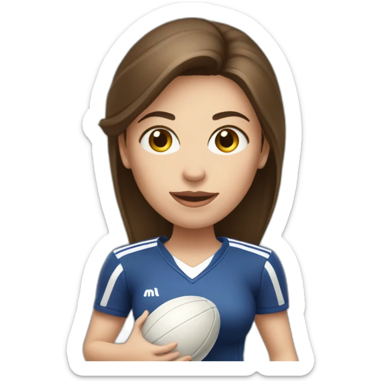 White skin brunette female playing football with very small basket ball sticker