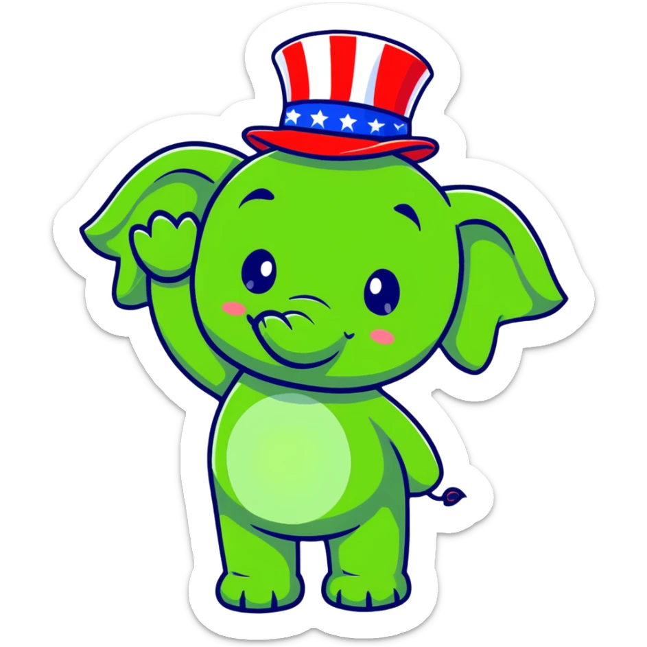 cute red elephant, cartoon style, simple and round like iOS emoji, wearing a patriotic top hat, ideal for digital stickers sticker