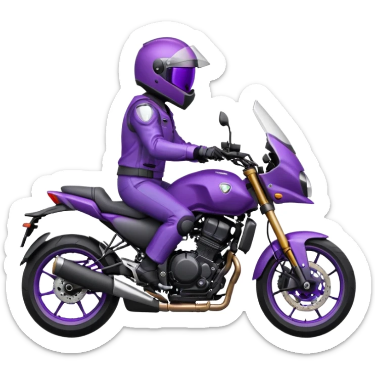 Créer un emoji avec une moto mt07 sport noir mate / violet iridescent très foncé. Avec une pilote dessus visière violet sombre faceless, bulle de la moto violet. Avec fond arrière violet sticker