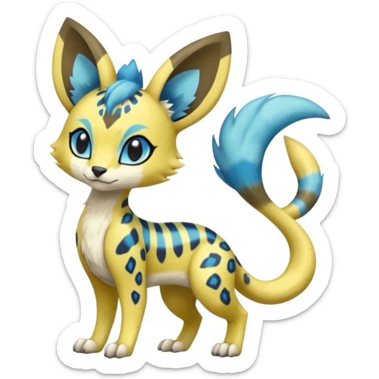 Colorful Yellow Meloetta-Sergal-Genet-Pokémon-Digimon-Fakémon-fusion-hybrid-creature with Cyan stripes and blue leopard-spot-markings  sticker