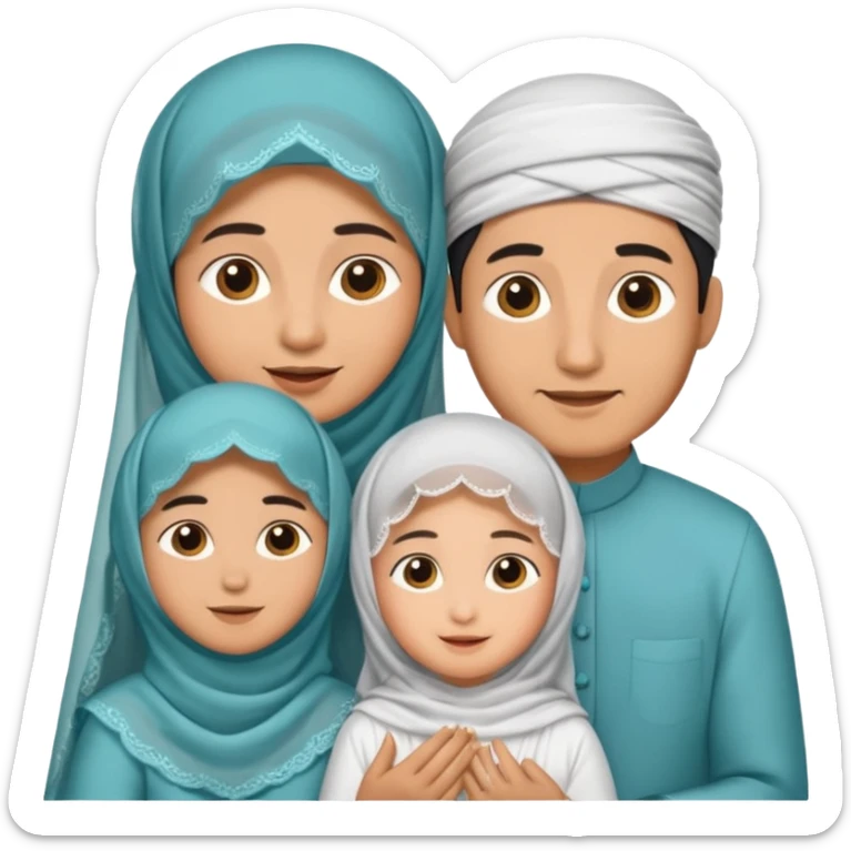 Lebaran. Keluarga terdiri dari Ayah dan ibu, 3 orang anak yang terdiri dari dua anak laki-laki dan seorang anak perempuan yang merupakan anak terkecil. Ibunya menggunakan cadar. sticker