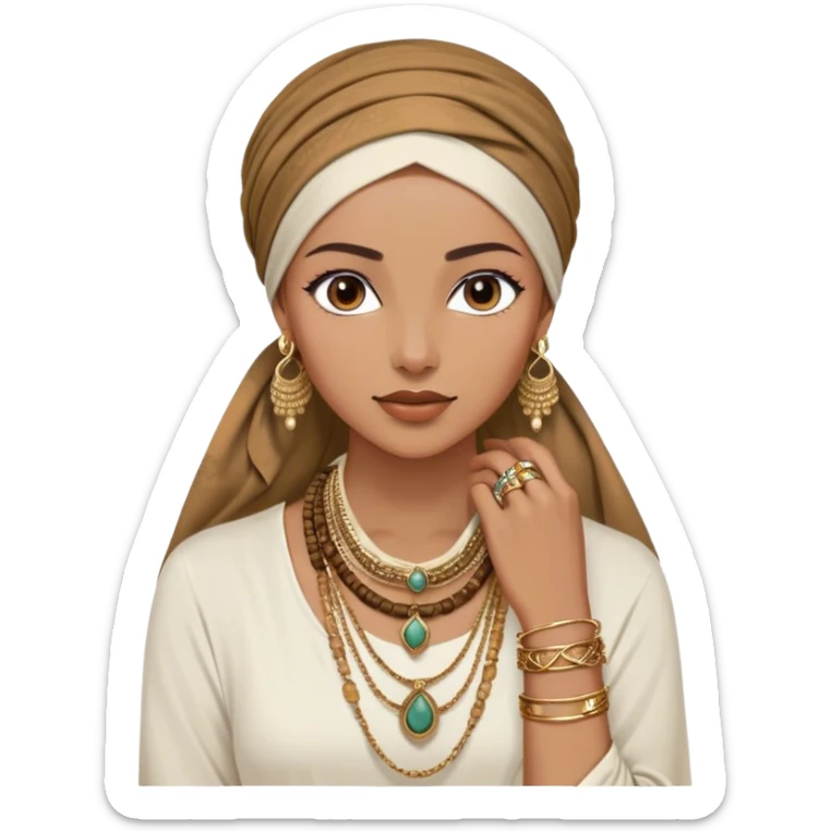 The woman, partially visible, wears a richly textured headscarf in earthy tones, draped gracefully over a white long-sleeve top. Her accessories steal the spotlight—intricately designed gold bangles, statement rings, and layered necklaces—each piece exuding heritage and craftsmanship.  sticker