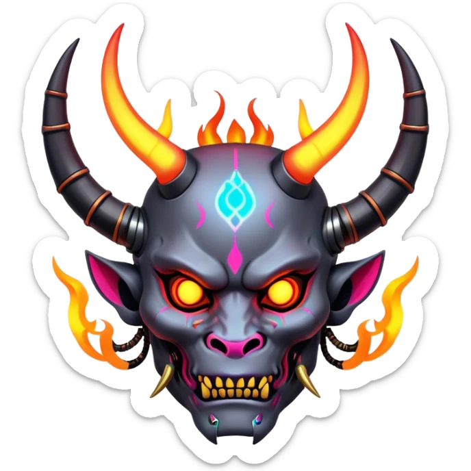 Cyberpunk Oni A futuristic demon with glowing neon tattoos, mechanical horns, and digital flames sticker