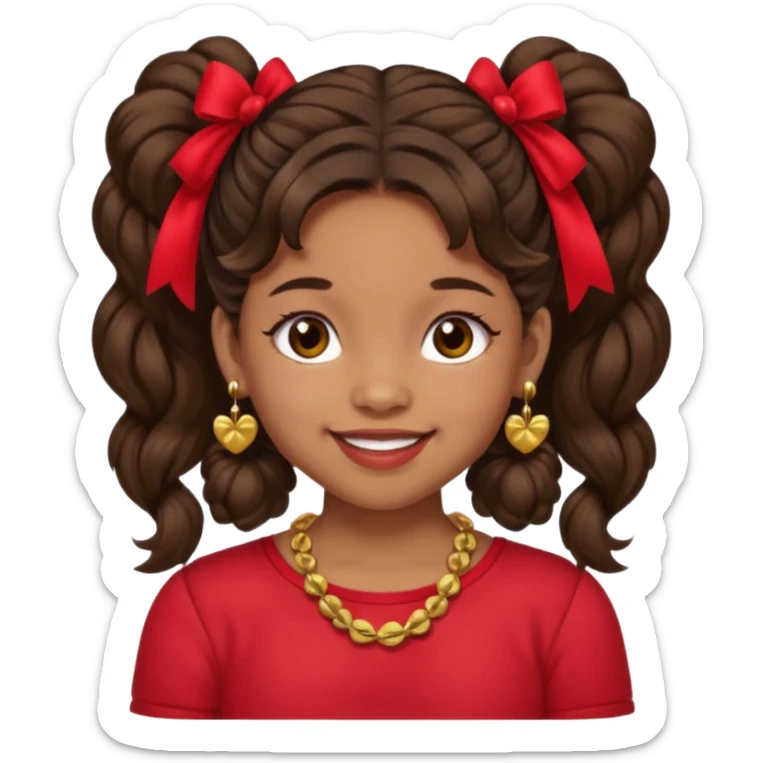 Brownskin girl dark brown hair fluffy. pigtails with red bows brown eyes smiling closed mouth red shirt gold esrrings gold necklace sticker