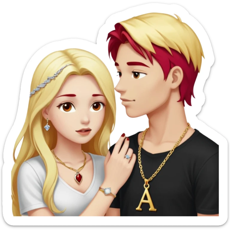 young 20 year old couple kissing, girl with long cherry red hair and blonde eyebrows wearing gold necklace with letter A, diamond gold ring, red bracelet and light clothes, boy with pure snow white hair wearing dark t-shirt and silver ring with black stone sticker
