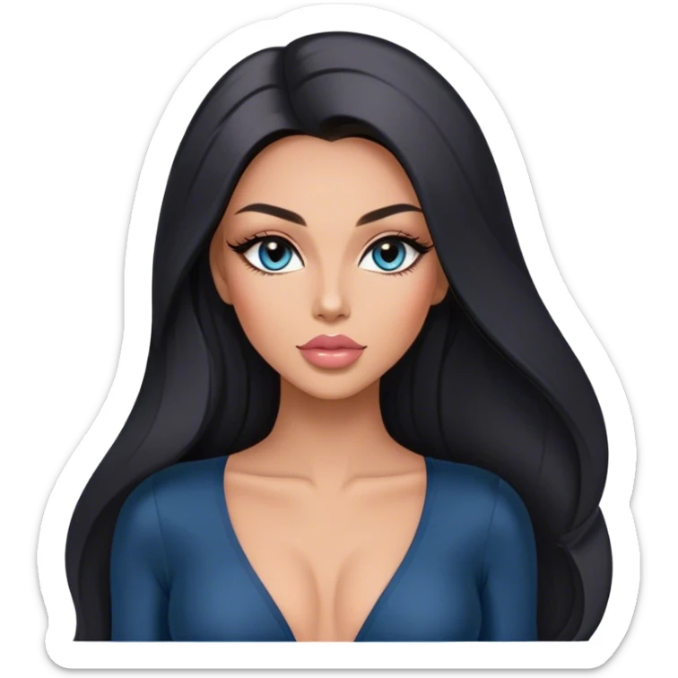 Glamours, tanned, very beautiful girl, with big pump peach-beige-rose lips, long long lashes, black straight smooth silky long hair, straight parting hair, blue-grey eyes in black long-sleeves v-neck bodysuit sticker