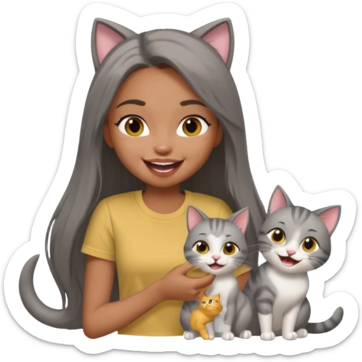 a pretty bratz dusky girl with long straight hair playing with 2 cats nd wearing a grey tshirt and laughing sticker