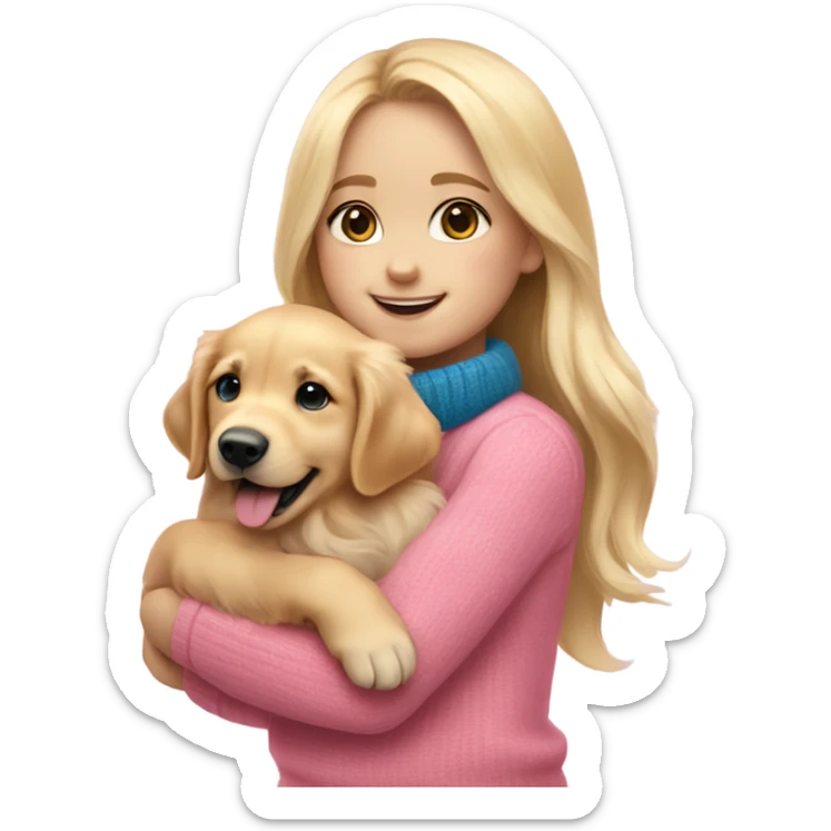 a cheerful baby golden retriever in full height on the side in the arms of a blonde girl with blue eyes in a pink sweater sticker