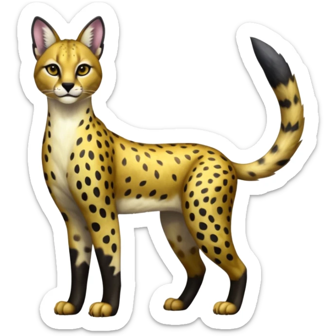 Colorful adorable shiny spectral glittery soft smooth black gloomy dark dull melanistic black-and-gold-glittery wealthy luxurious accessorized elegant beautiful pretty Caracal-Cheetah-Serval-Snow-Leopard-Trico-Sergal-Vernid-fusion-hybrid-animal-creature, full body sticker