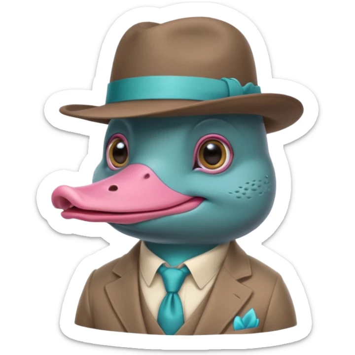 cute light blue turqiouse platypus head, smiling with big eyes with a detective hat and monocle on his eye, no  hands, looks like a platypus but blue, the hat and suit are pink sticker