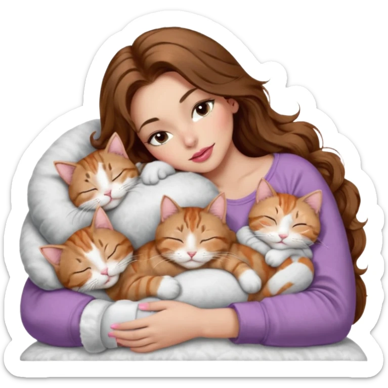 girl with long wavy brown hair, brown eyes, long lashes makeup, sexy pink lips, light to medium complexion,  sleeping on a cozy pillow, with 6 cats: 1 brown and white tabby cat, 1 ginger and white, 2 grey and white, 1 grey has white mittens and small white patch on its chest and 1 calico, sleeping sticker