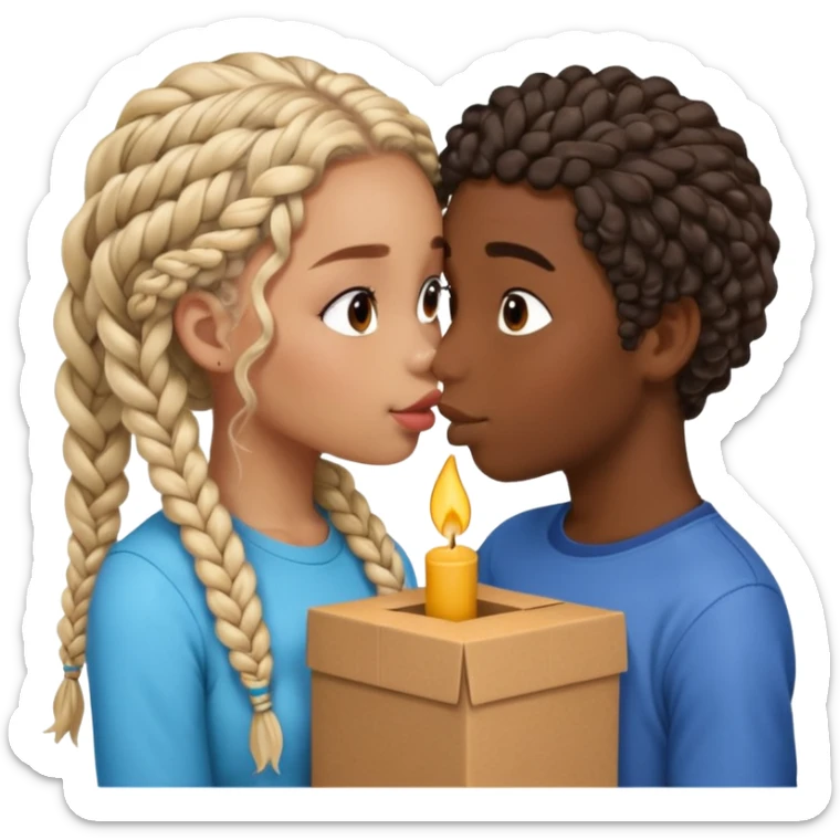 darkskin girl with box braids kissing light skin boy with curly hair sticker