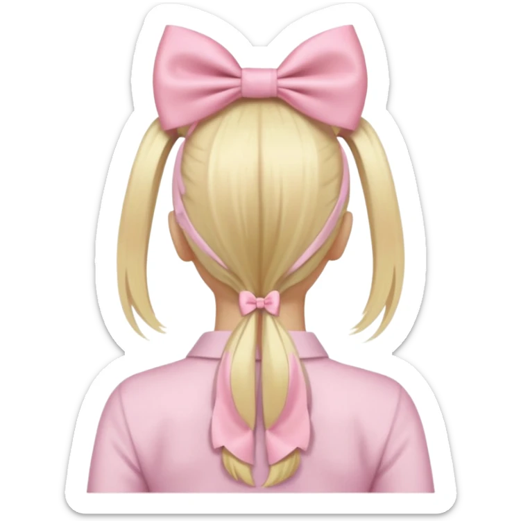 back view of long blonde hair with a pastel pink bow, hair in a low ponytail, iOS Apple emoji style sticker
