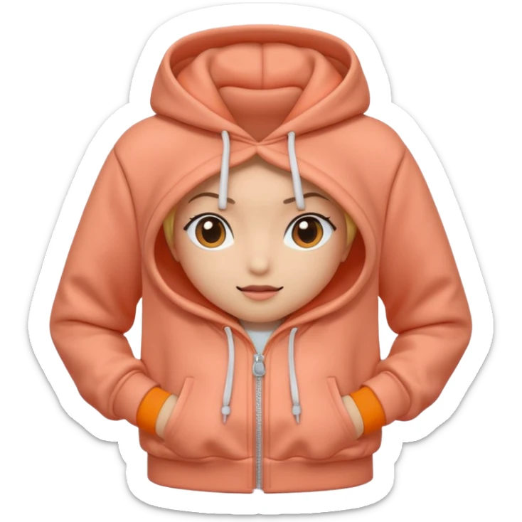A 3D cartoon peach-coral hoodie with soft folds, drawstrings, and a casual fit, isolated plain background, Memoji-style. sticker