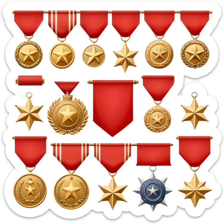 Icon for Collecting Orders, Medals & Badges: a variety of vintage orders, medals and badges, displayed neatly on a big red pennant or in a display case. The icon should reflect the honor and historical significance of these collectible items. Transparent background. sticker