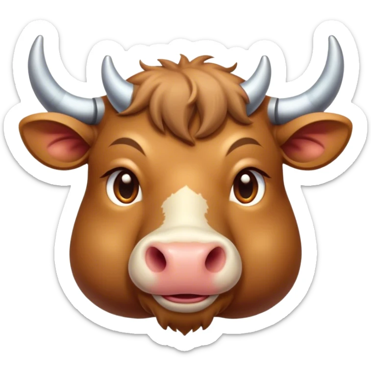 Cinematic Cute Domestic Ox Portrait Emoji, Head tilted playfully and inquisitively, with a robust, compact build and a polished hide adorned with subtle natural patterns, round, sparkling eyes full of gentle curiosity, Simplified yet irresistibly adorable features, highly detailed, glowing with a warm, friendly glow, high shine, affectionate and grounded, stylized with a touch of rustic charm, soft glowing outline, capturing the essence of a mischievous yet loving ox that feels like it could amble out of the screen into your arms! sticker
