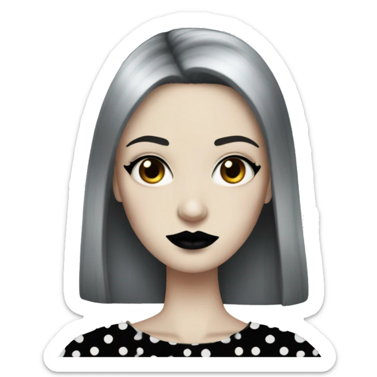 skinny pale goth woman with black straight hair black lips and black polka dot dress sticker
