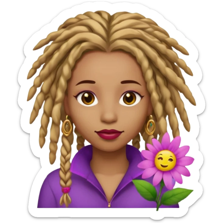 Gold dread locs pink emoji face purple flower in the hair red lipstick light brown face   sticker