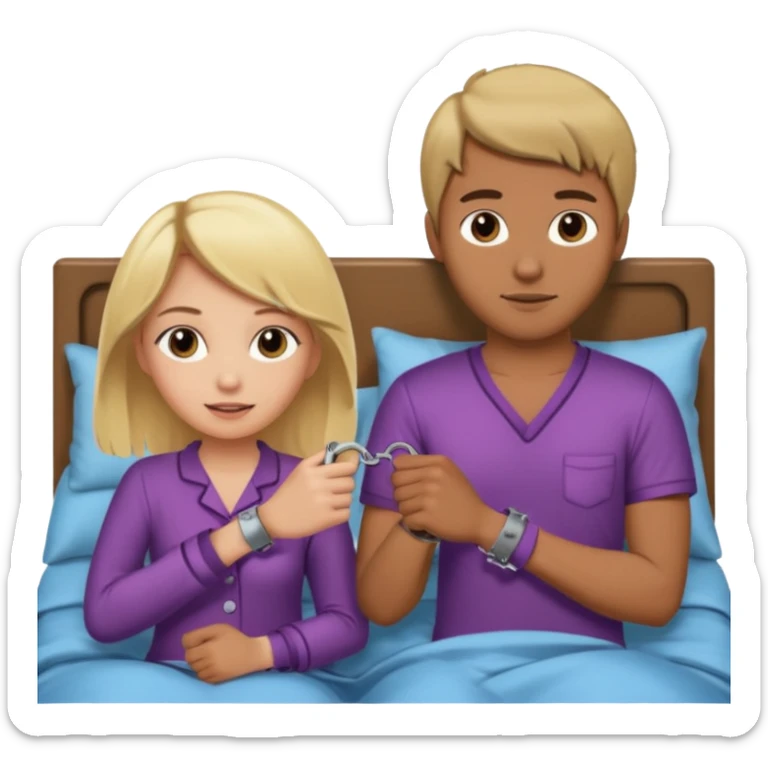 a blonde girl holding handcuffs with her brown haired boyfriend in bed  sticker