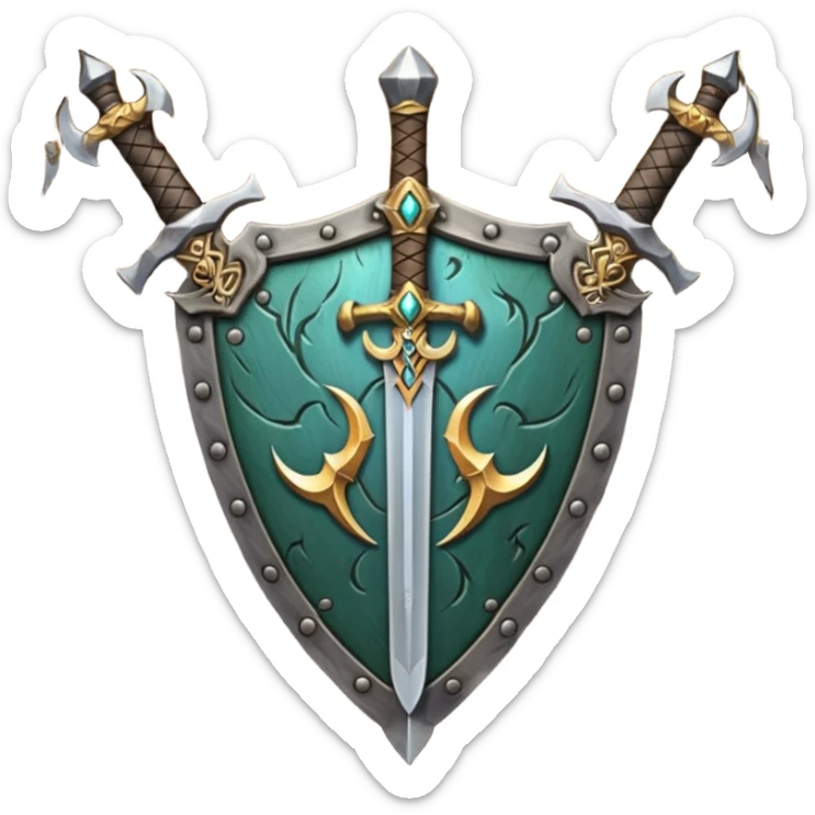  two sword cross, next to or in front of a shield, world of war craft style, elven flare sticker