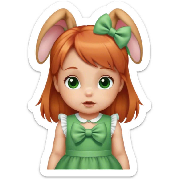 baby girl with  1 bunns bow   red blond mix hair  in green dress  sticker
