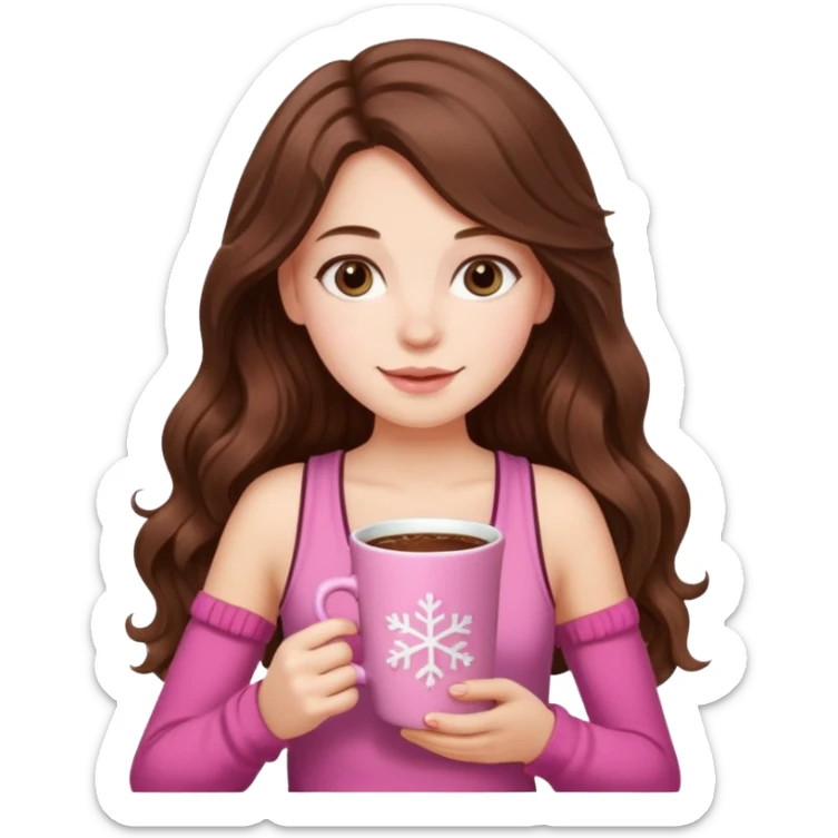 menina branca com cabelos castanhos longos ondulados com xícara rosa na frente com chocolate quente, ela usa blusa de alcinha com estampa de natal sticker