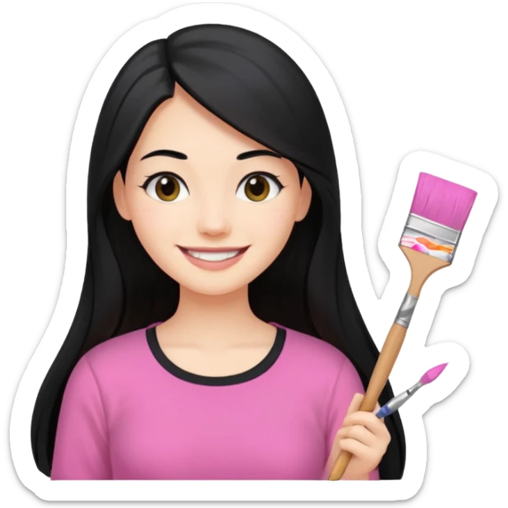 Painting women. smilling   Long black hair,  lunette peinture top pink, pinceau sticker