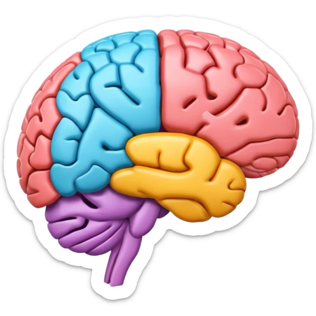 emoji icon of side view of brain with details of the brain structure and in detailed 3d rendring, colored to highlight different sections sticker