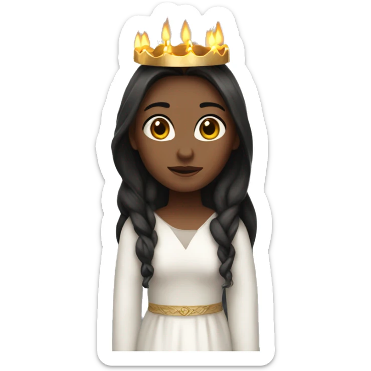 lucia with candles in her lucia crown with dark long hair and a white long sleeved gown sticker