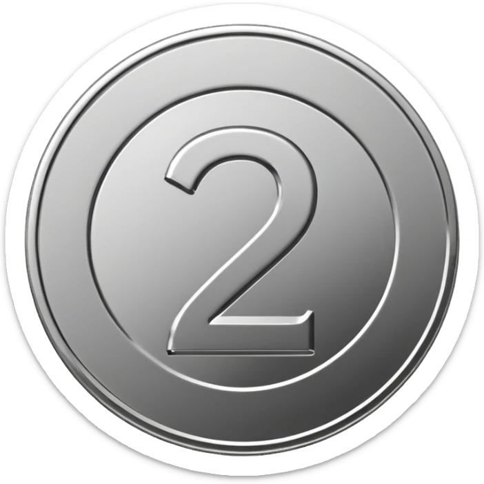 Emoji icon of a metal coin with engraved number 2, minimalist style, isolated, only metal color sticker