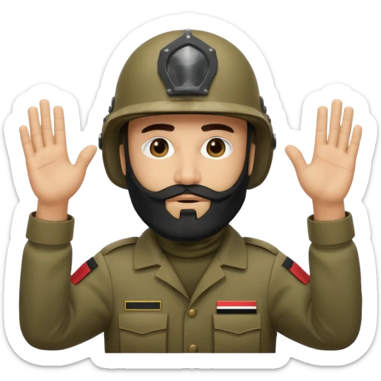 surrenders, depicts an Iraqi soldier from 1980, with a beard, in a helmet, a helmet WITHOUT insignia, with a balaclava, with sad eyes and both hands raised up sticker