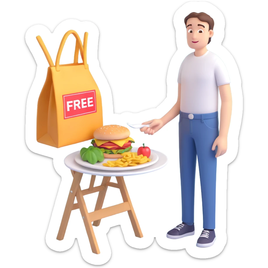 playful customer with empty pockets looking hopeful at a plate of food labeled 'free' sticker