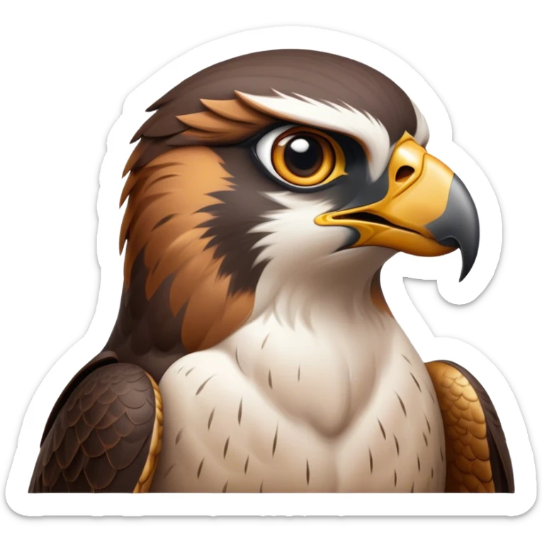 Cinematic Noble Falcon Portrait Emoji, Poised and majestic, with a streamlined, muscular build, a sharply hooked beak, and intense, piercing eyes that exude focus and speed, Simplified yet sharp and sophisticated features, highly detailed, glowing with a soft, amber radiance, high shine, intelligent and commanding, stylized with an air of aerial authority, focused and swift, soft glowing outline, capturing the essence of a watchful and confident falcon that appears ready to soar out of the screen with effortless power! sticker