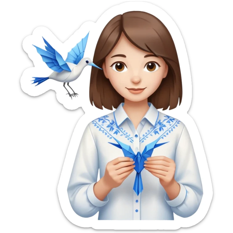 A happy Ukrainian young girl with brown hair in a white embroidered shirt holds an origami blue crane sticker