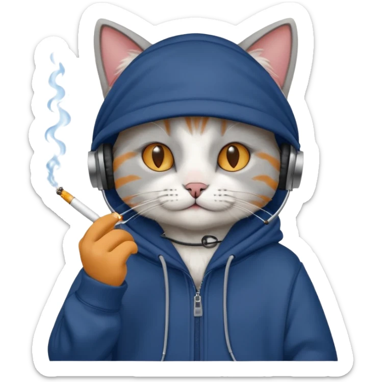 cat in headphones, in a dark-blue oversized hoodie with a cigarette in his hand  sticker