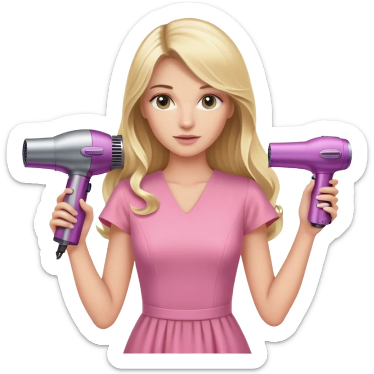 blonde woman with long hair and swamp-colored eyes in a pink dress holding a Dyson hair dryer sticker