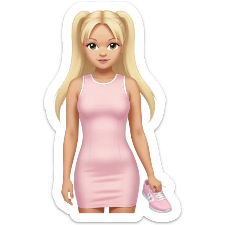 Emma Bunton with long blonde ponytails wearing light pink bodycon dress with white platform sneakers sticker