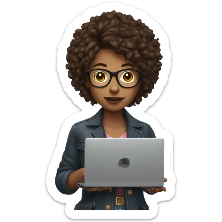 Girl with glasses and buf hair holding a laptop  sticker