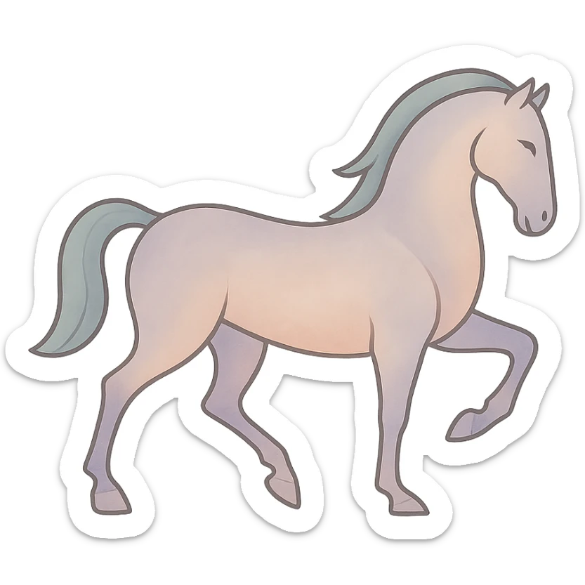 Edit the image of a horse in the Chinese eastern style with the pose as in the reference (both legs bent and raised). Use thin clean contours, soft rounded shapes, and a pastel palette with colors #98B5BC, #B5B3C1, #C9A3C9, #E4C0CA, #F7DCD1, #F7C0AA. Include detailed shadows and highlights with soft lighting. The background should be transparent. The style should be less cute and without decorative elements. sticker