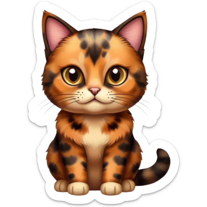 Cinematic Cute Tortoiseshell Cat Portrait Emoji, Head cocked sweetly with bright, curious eyes and a cuddly, mottled fur of rich browns and blacks, simplified yet charmingly adorable, highly detailed, glowing with a warm, gentle radiance, high shine, playful and endearing, styled with a dash of whimsical feline magic, soft glowing outline, capturing the essence of a cute tortoiseshell cat that seems ready to pounce with affectionate mischief! sticker